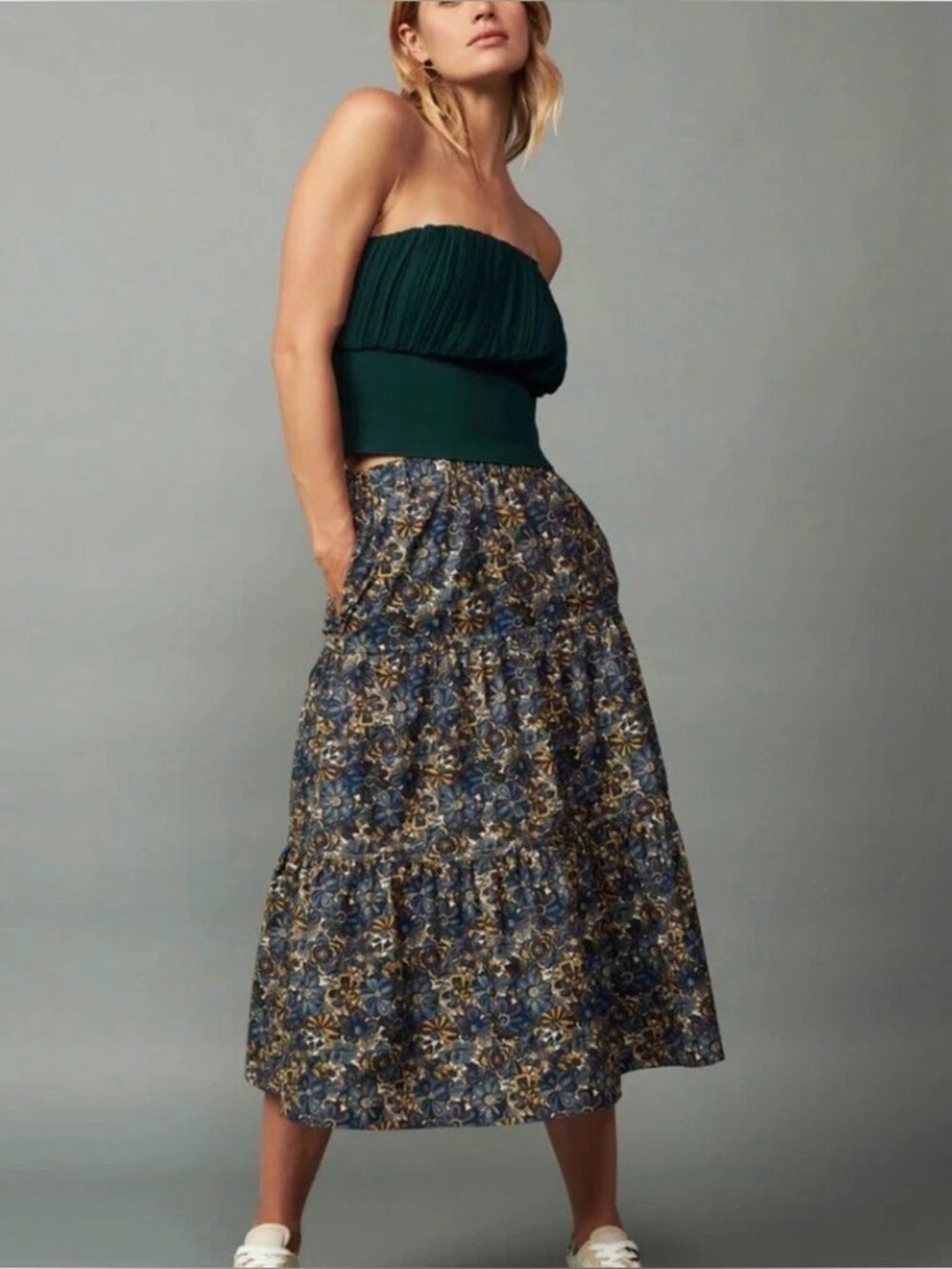 Current Air XS Floral Tiered Cinch Midi Skirt ~ Cottagecore Boho Peasant